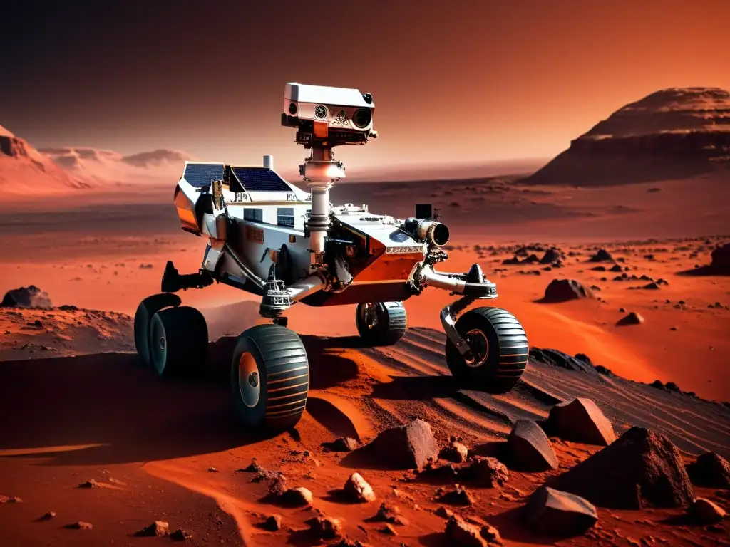 Un rover futurista explorando Marte, desafiando tecnologías emergentes en exploración autónoma