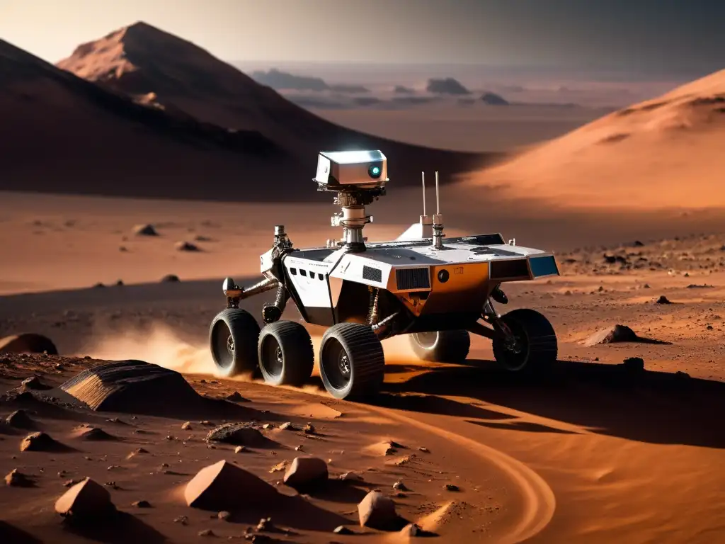 Rover futurista en terreno marciano, desafíos tecnológicos y exploración autónoma