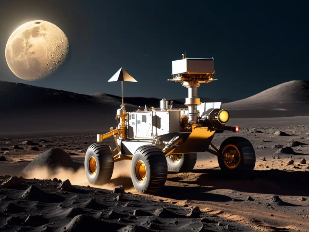 Un rover lunar futurista navega el terreno lunar, sus instrumentos avanzados y brazos robóticos muestran la innovación