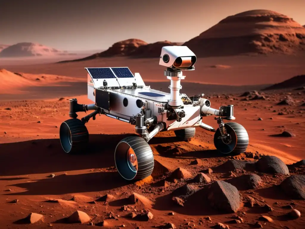 Un rover robótico avanzado explora Marte, capturando la vanguardia de los robots inteligentes para misiones espaciales