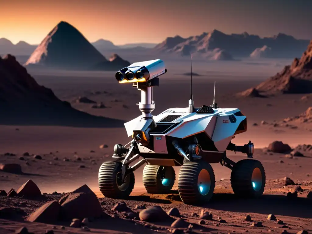 Un rover robótico futurista explora terreno alienígena, con sensores avanzados y cámaras