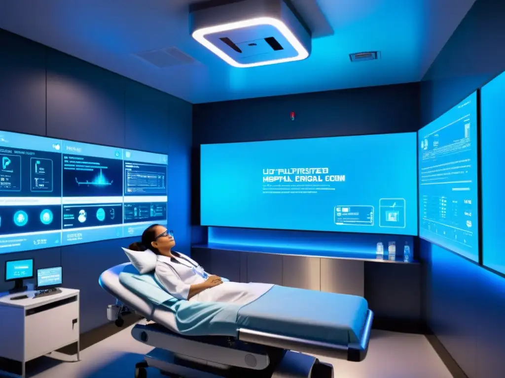 Una sala de hospital futurista con tecnología de IoT integrada, personal médico y hologramas, destacando la seguridad de datos de salud IoT