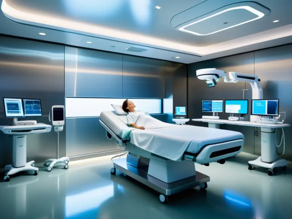 Una sala de hospital moderna con equipo médico futurista, monitores de IA y brazos robóticos en una atmósfera de vanguardia