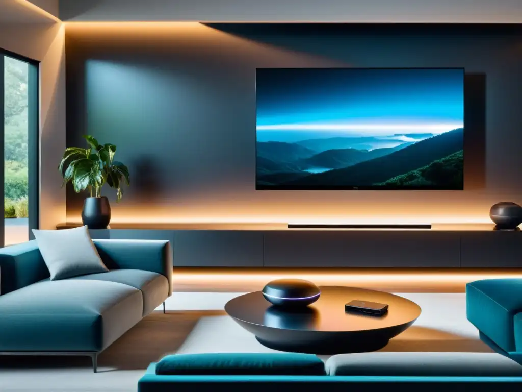 Una sala moderna con dispositivos IoT en el entretenimiento doméstico: televisión 8K, altavoces minimalistas y luz futurista