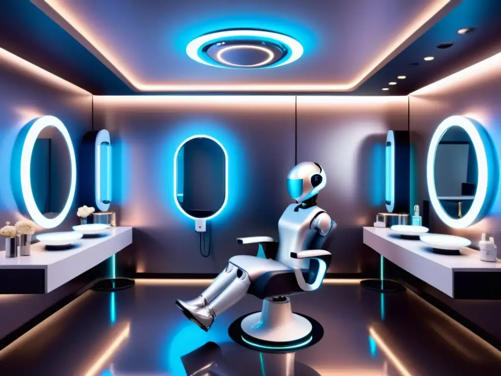 Salón de belleza futurista con tecnología AI para cuidado personal, iluminación etérea y ambiente sereno