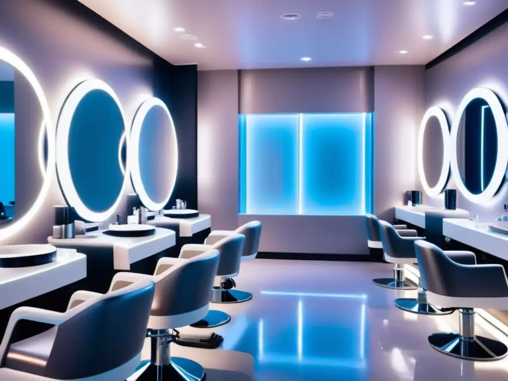 En un salón de belleza futurista, la IA impacta la experiencia con tratamientos avanzados y un ambiente sereno de alta tecnología