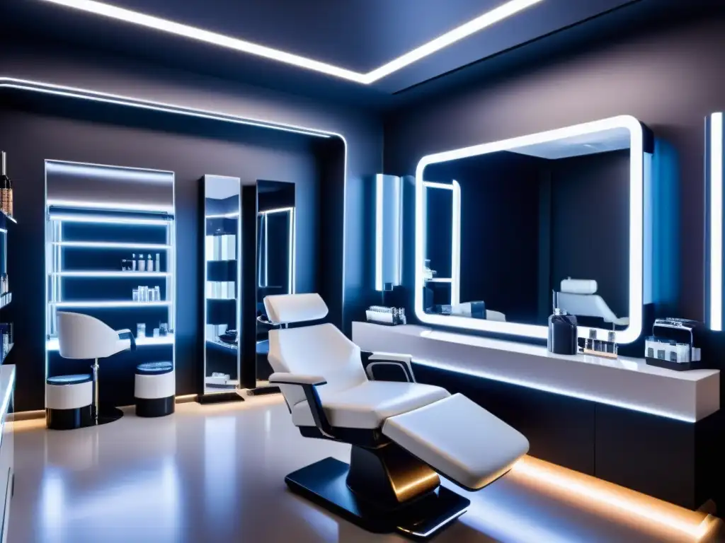 Un salón de belleza futurista y minimalista con dispositivos de belleza de IA avanzada