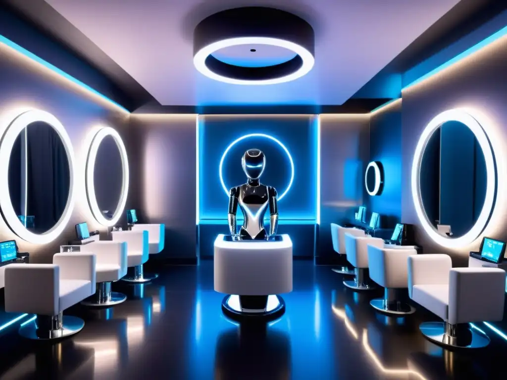 Salón de belleza futurista con robot y estilistas humanos, mostrando el impacto de la IA en la belleza