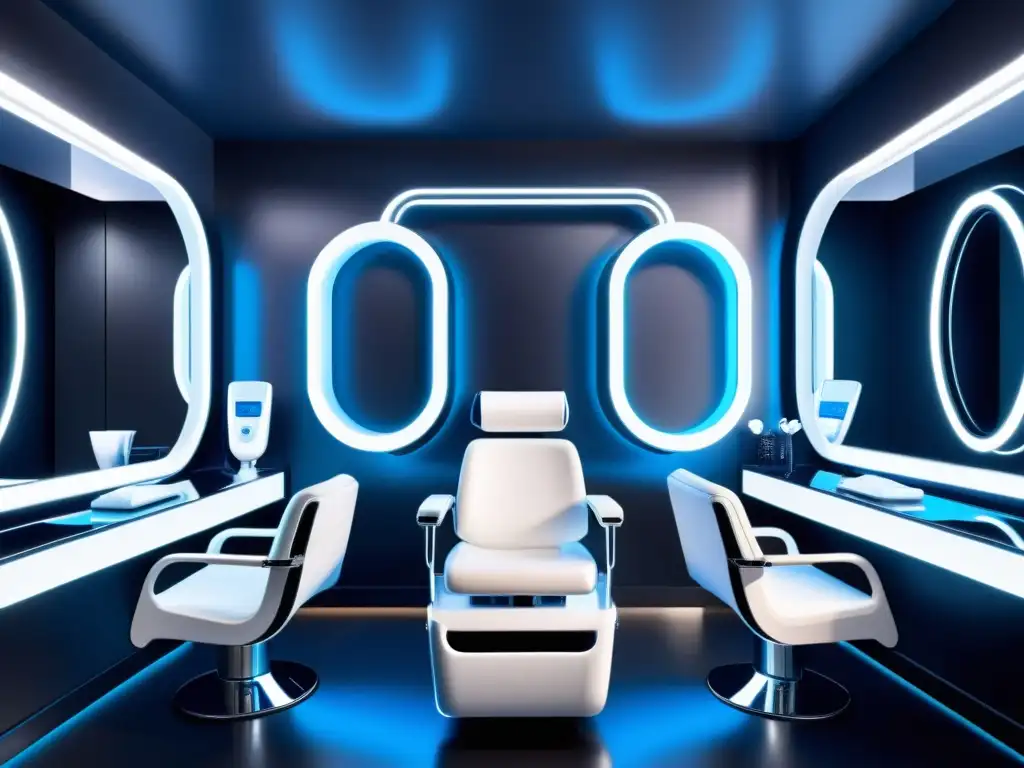 Salón de belleza futurista con tecnología de inteligencia artificial en cuidado personal, diseño moderno y consultas personalizadas