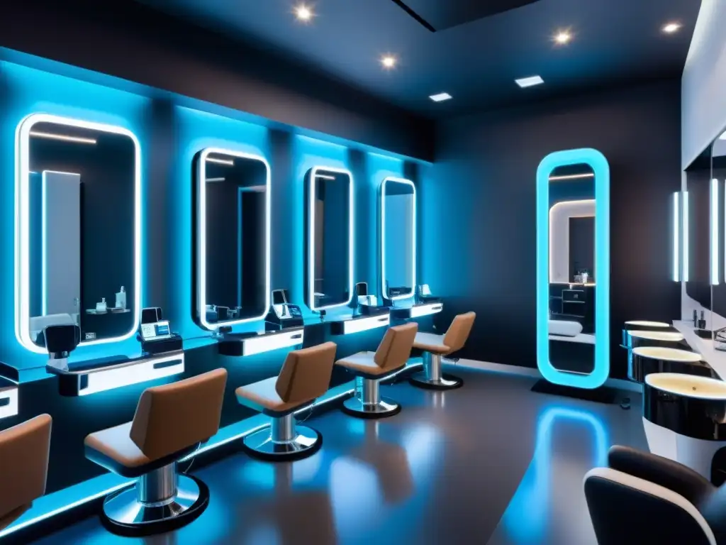 Un salón de belleza futurista con tecnología IA realizando tratamientos de belleza avanzados en una ambientación moderna