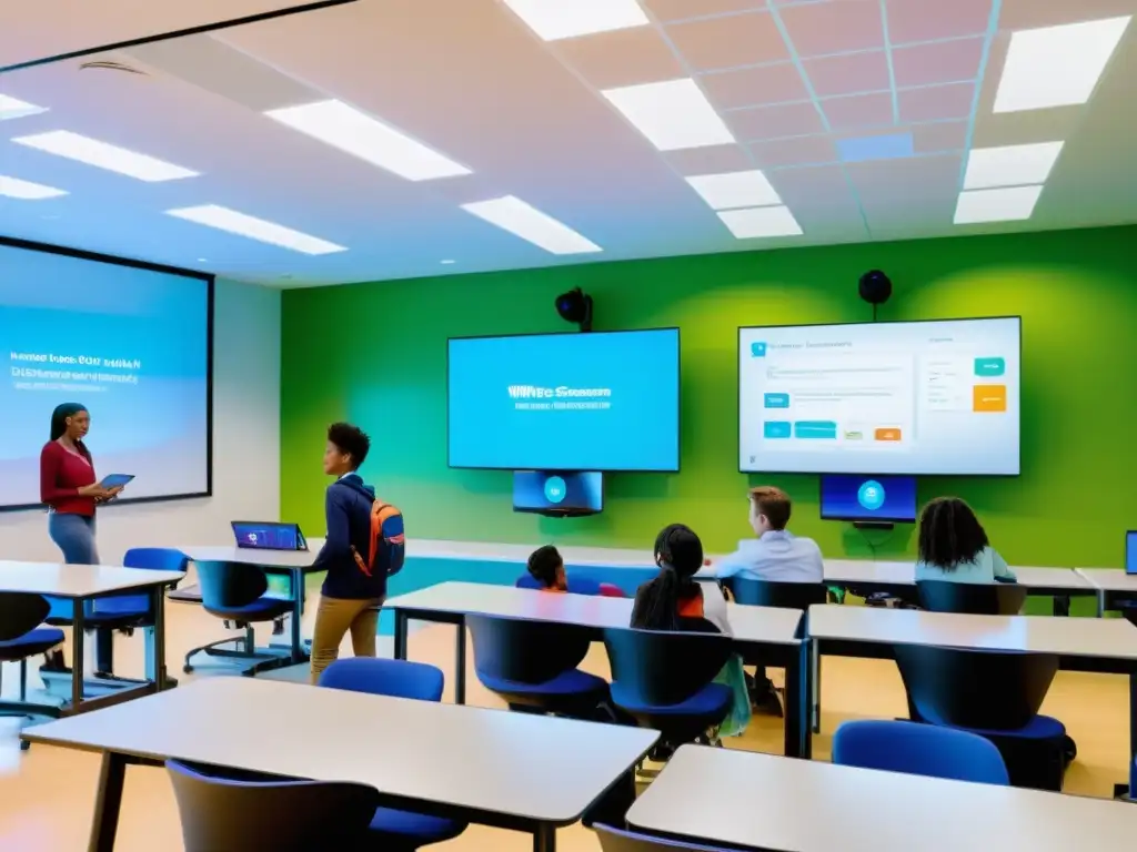 Salón de clase moderno con tecnología IoT y estudiantes colaborando en proyectos de educación interactiva