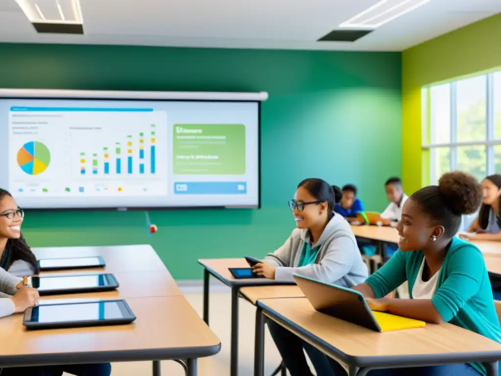 Salón de clase moderno con tecnologías IoT avanzadas, ambiente innovador y colaborativo, democratizando la educación con tecnologías emergentes