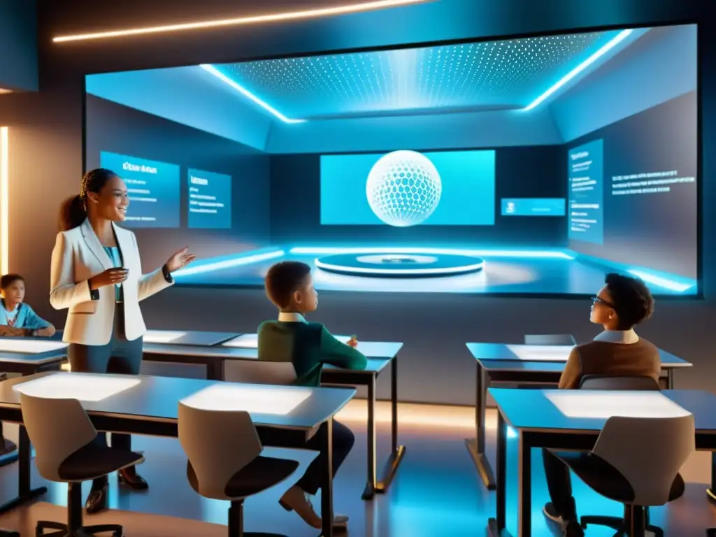 Salón de clases futurista con IA personalizando el aprendizaje, hologramas y estudiantes entusiasmados