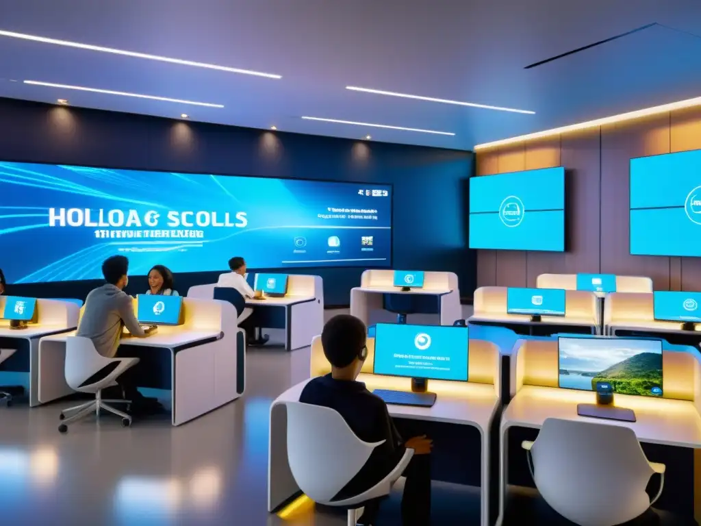 Salón de clases futurista con tecnología Smart Schools, educación interactiva, IoT y estudiantes inmersos en aprendizaje colaborativo