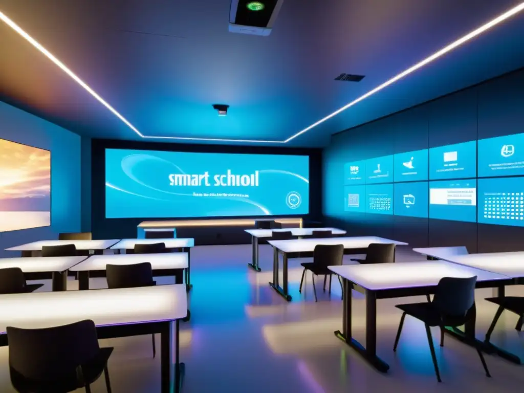 Salón de clases futurista en Smart School, con tecnología avanzada e iluminación futurista, reflejando la educación interactiva IoT