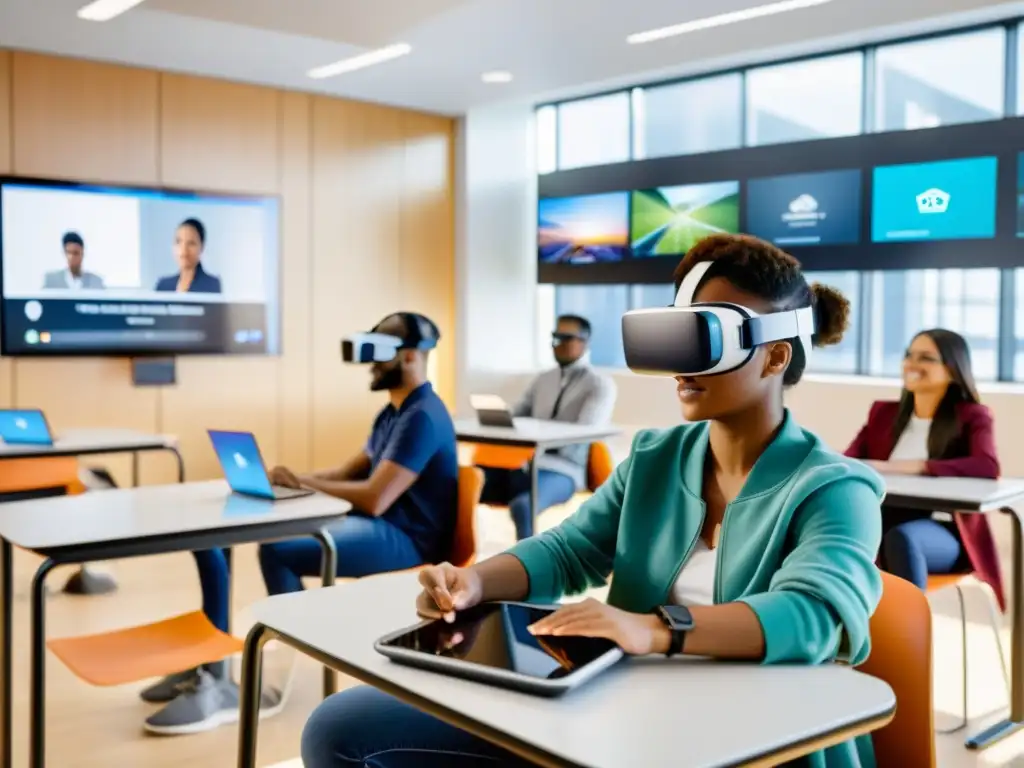 Salón de clases moderno con estudiantes usando auriculares de realidad virtual, interactuando con contenido educativo personalizado con IA