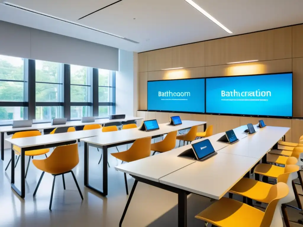 Salón de clases moderno con mobiliario blanco y tecnología de vanguardia, reflejando la nube educativa para acceso ilimitado