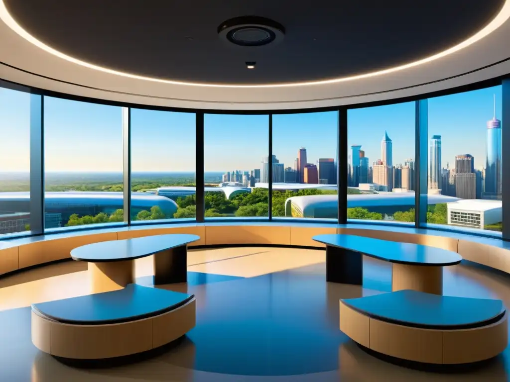 Salón de clases moderno con muebles futuristas, pantallas digitales interactivas, estudiantes usando tecnología, luz natural y vista a la ciudad