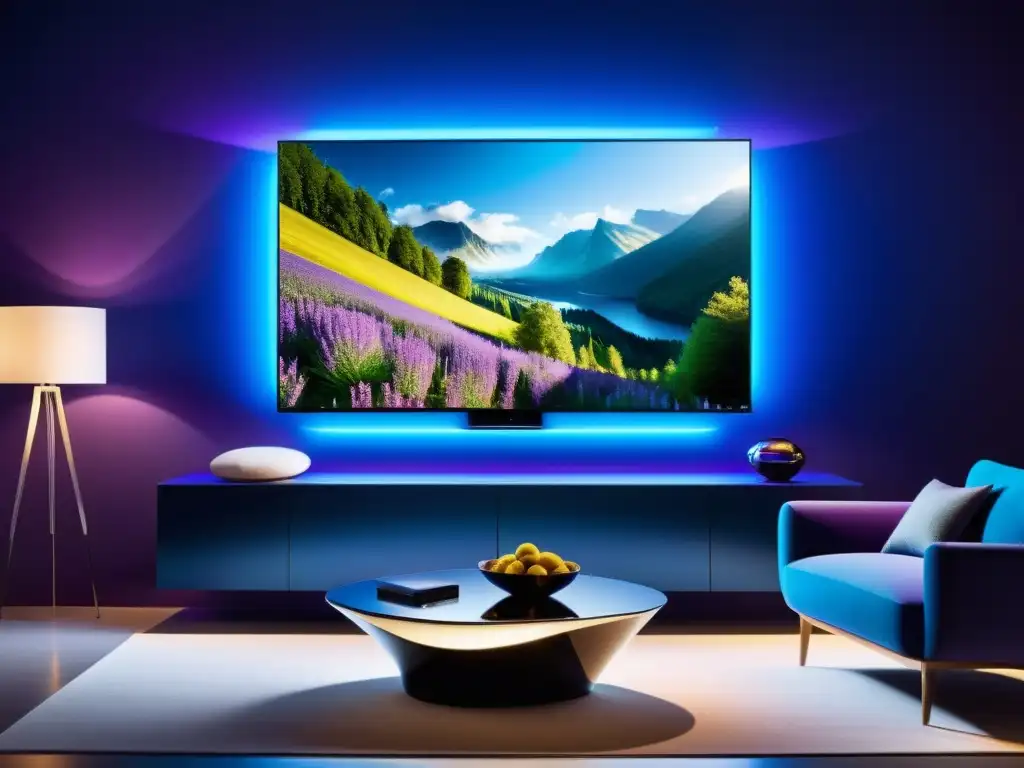 Salón futurista con TV OLED 8K mostrando streaming Ultra HD con 5G, iluminación ambiental y mobiliario moderno