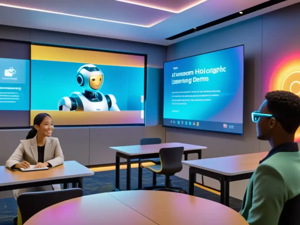 Salón futurista con robot educador y estudiantes diversos, integrando IA en educación