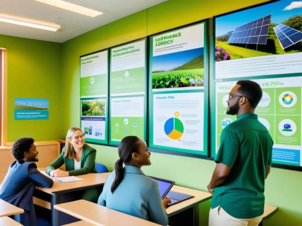 Salón iluminado, estudiantes comprometidos con proyectos de energía sostenible, líderes verdes en educación ambiental