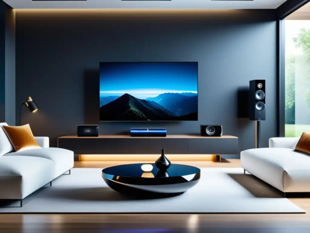 Salón moderno con tecnología IoT en entretenimiento: TV, altavoces y luces conectados en una atmósfera contemporánea y sofisticada