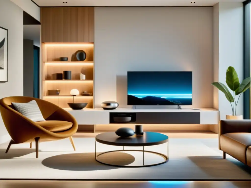Salón moderno con tecnología 5G y asistentes de voz, creando un ambiente futurista y acogedor