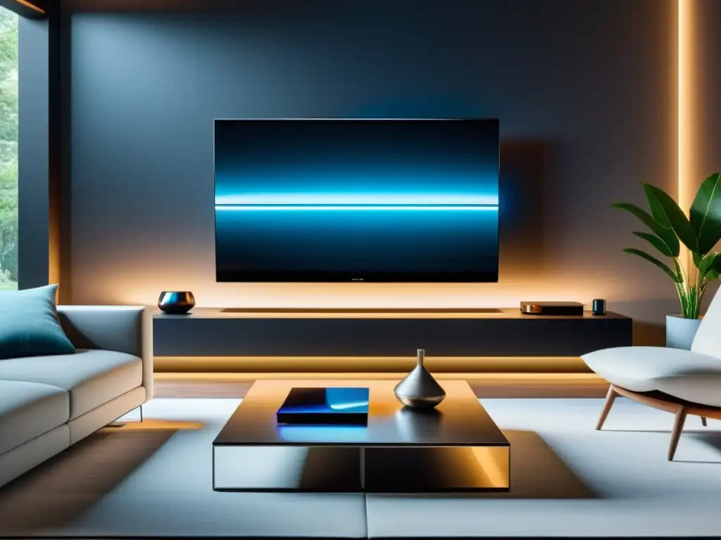 Salón moderno con dispositivos para entretenimiento doméstico IoT integrados en el diseño, TV OLED 8K, altavoces minimalistas y asistente virtual