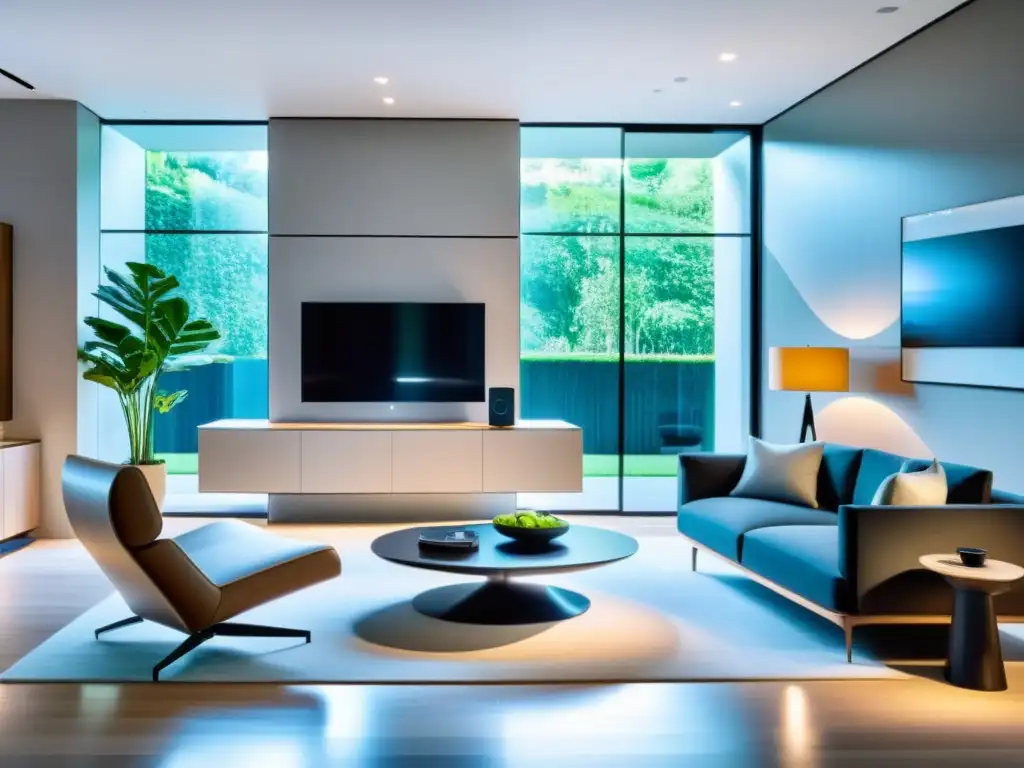 Salón moderno con dispositivos de voz integrados y conectividad 5G, mostrando el impacto del 5G en asistentes de voz y la automatización del hogar