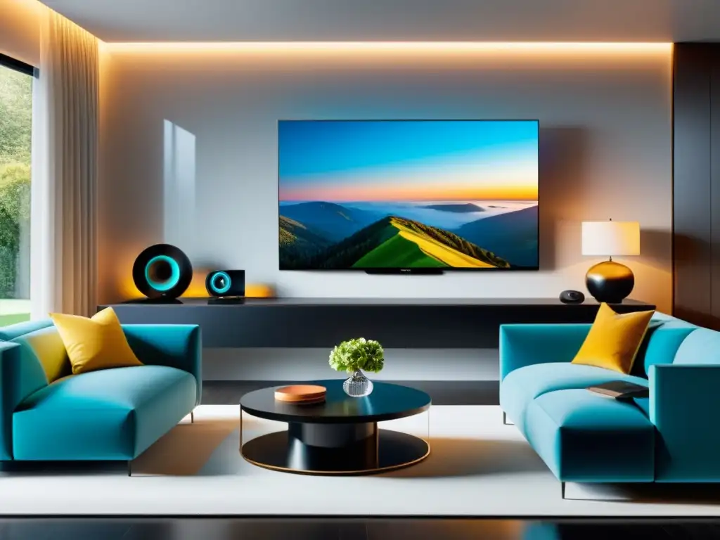 Salón moderno con tecnología IoT en el entretenimiento doméstico, TV 8K, altavoces y asistente virtual