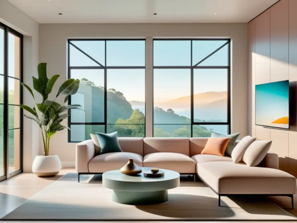 Salón moderno con integración IoT, ambiente futurista y tendencias de hogar conectado