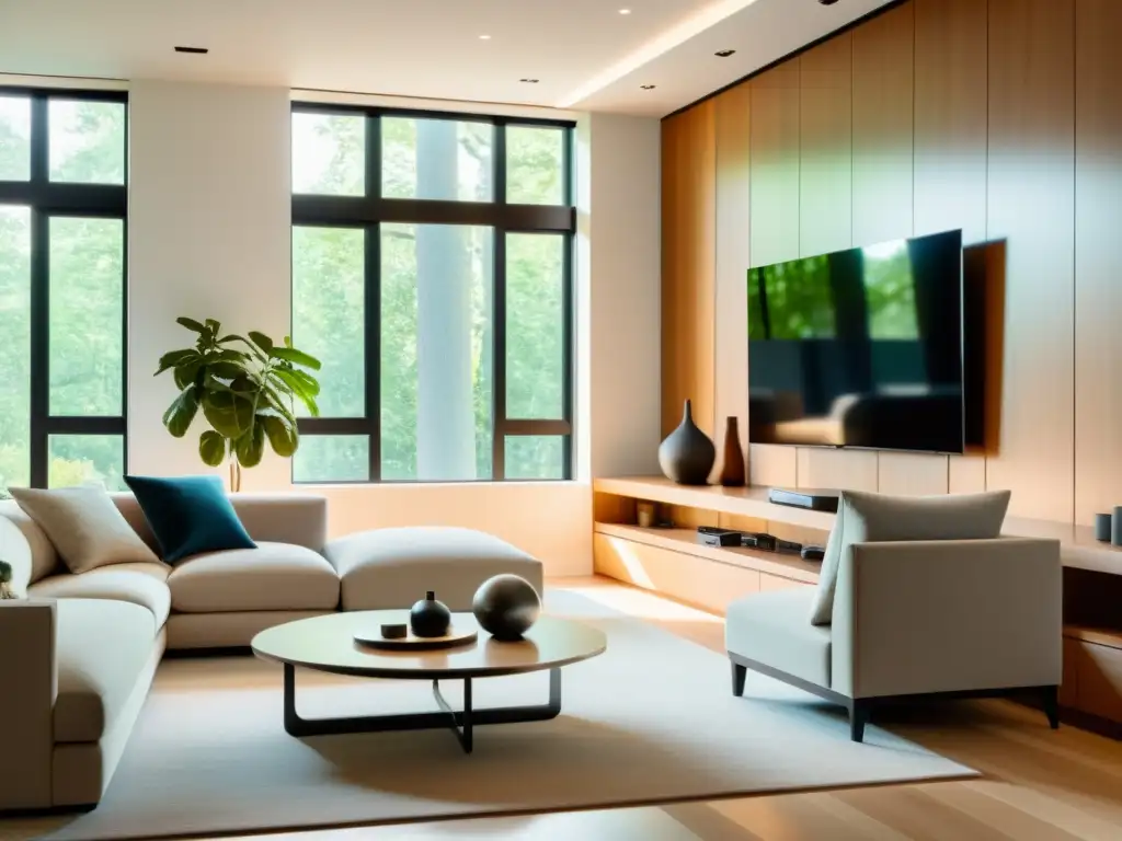 Sala de estar inteligente con diseño inclusivo y tecnología IoT Salón moderno con tecnología IoT para hogar inclusivo integrada en la decoración: controles de voz, iluminación automatizada y diseño accesible