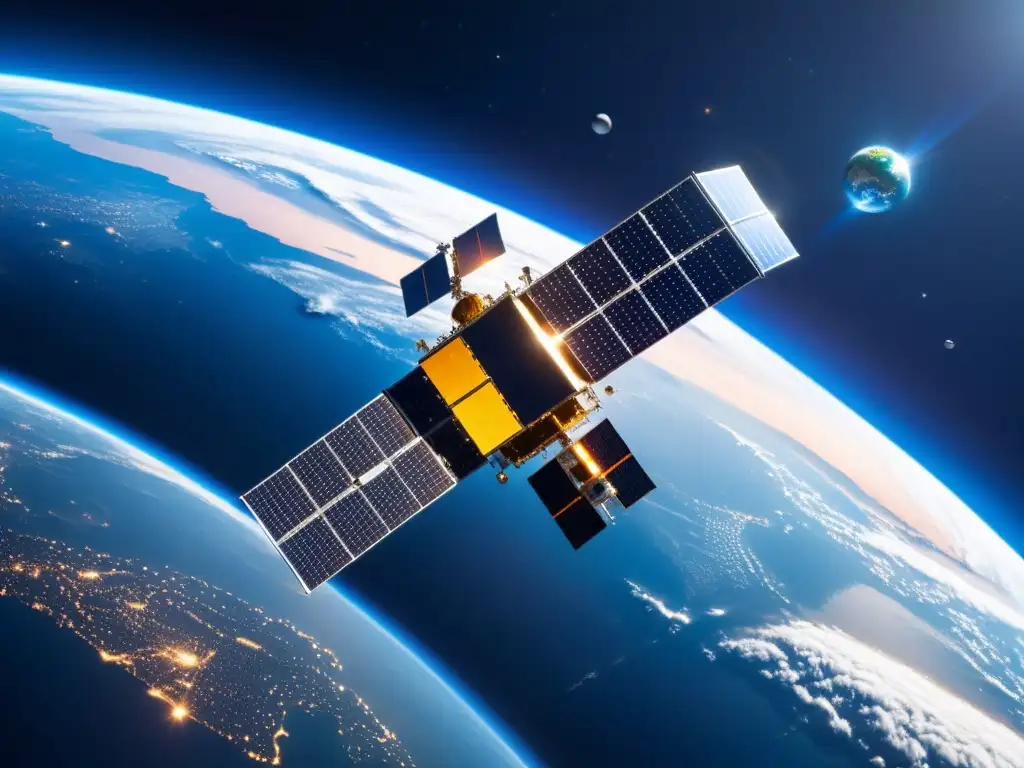 Satélite futurista en el espacio con la Tierra al fondo, resaltando mejoras comunicación satelital con 5G