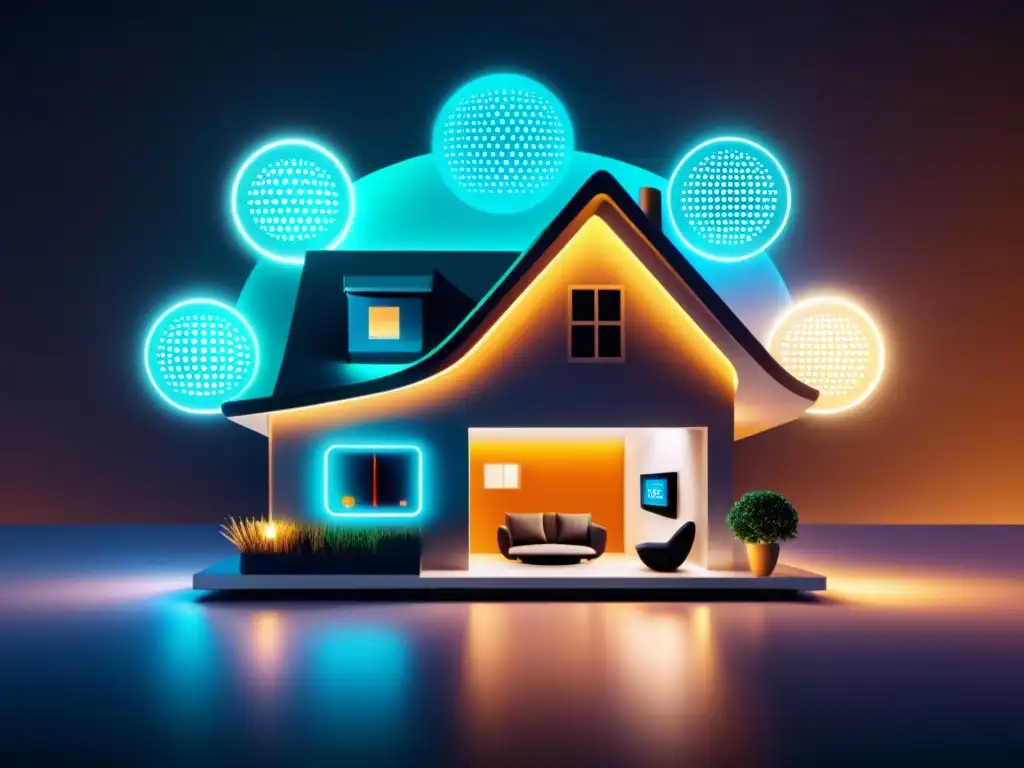 Smart home futurista con seguridad avanzada contra amenazas DDoS en IoT, innovación y sofisticación tecnológica