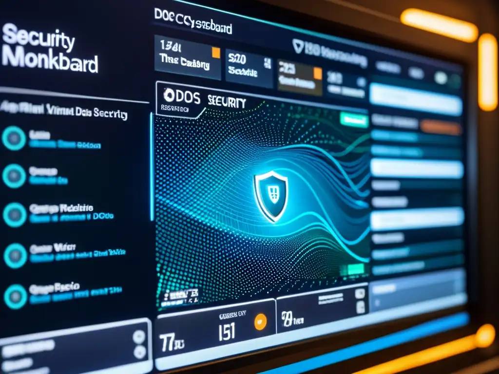 Dashboard de seguridad de red futurista con líneas de código, visualizaciones de datos en tiempo real y algoritmos avanzados de detección de amenazas