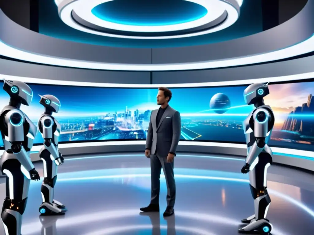 Un set de película futurista con robots AI y tecnología avanzada, creando una atmósfera de innovación y colaboración