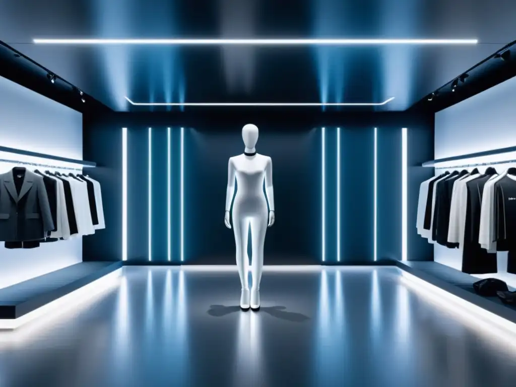 Un showroom virtual futurista con tecnologías emergentes en la industria de la moda, exhibiendo diseño vanguardista y recomendaciones personalizadas