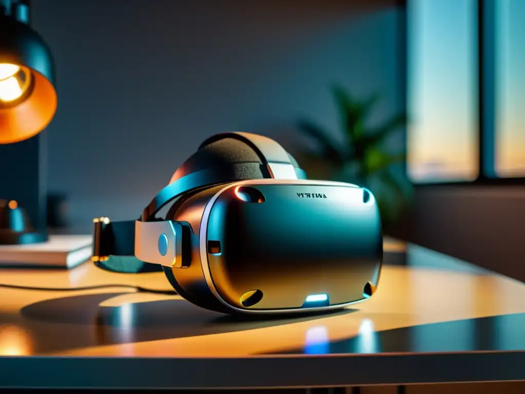 Simulaciones de iluminación en VR: Un impresionante entorno virtual reflejado en las lentes de un headset sobre un moderno escritorio