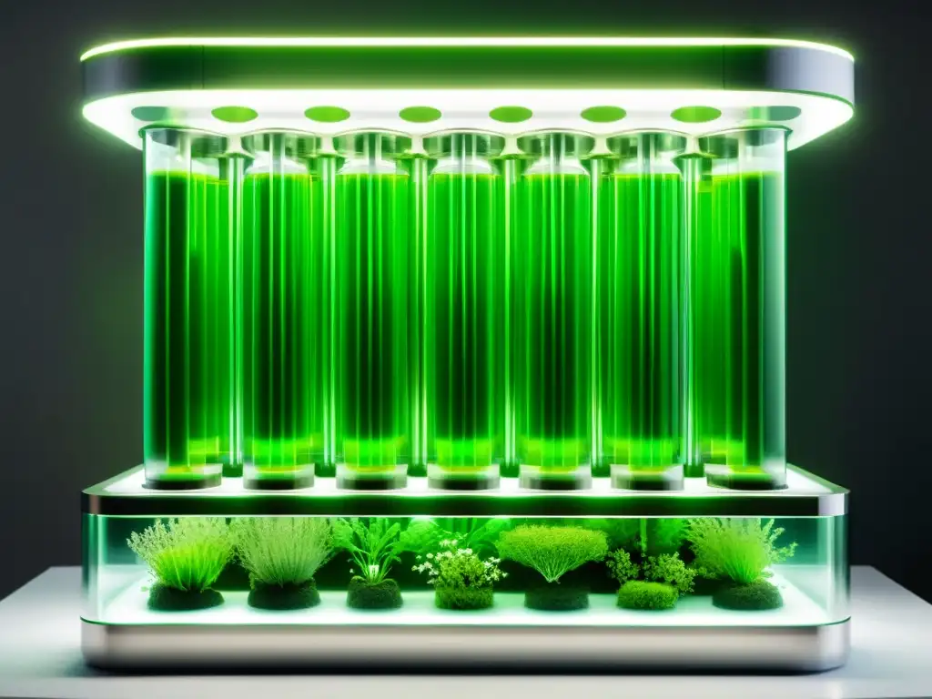 Un sistema de biorreactores futurista lleno de microalgas verdes vibrantes, iluminado por luces LED suaves