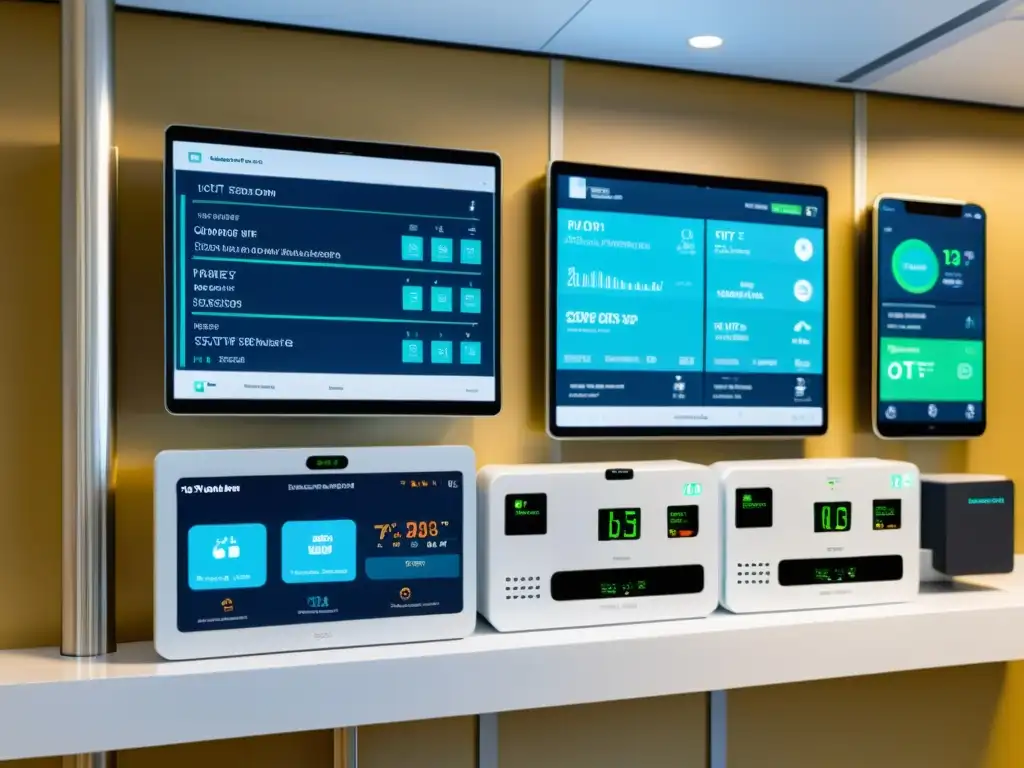 Un sistema IoT de última generación en un hospital moderno, destacando sensores inteligentes y eficiencia energética