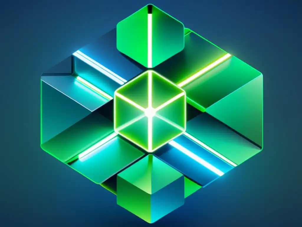 Identidad blockchain: nodos interconectados en azules brillantes Sistema de identidad en Blockchain: diseño futurista de nodos interconectados en tonos metálicos, con líneas de datos brillantes