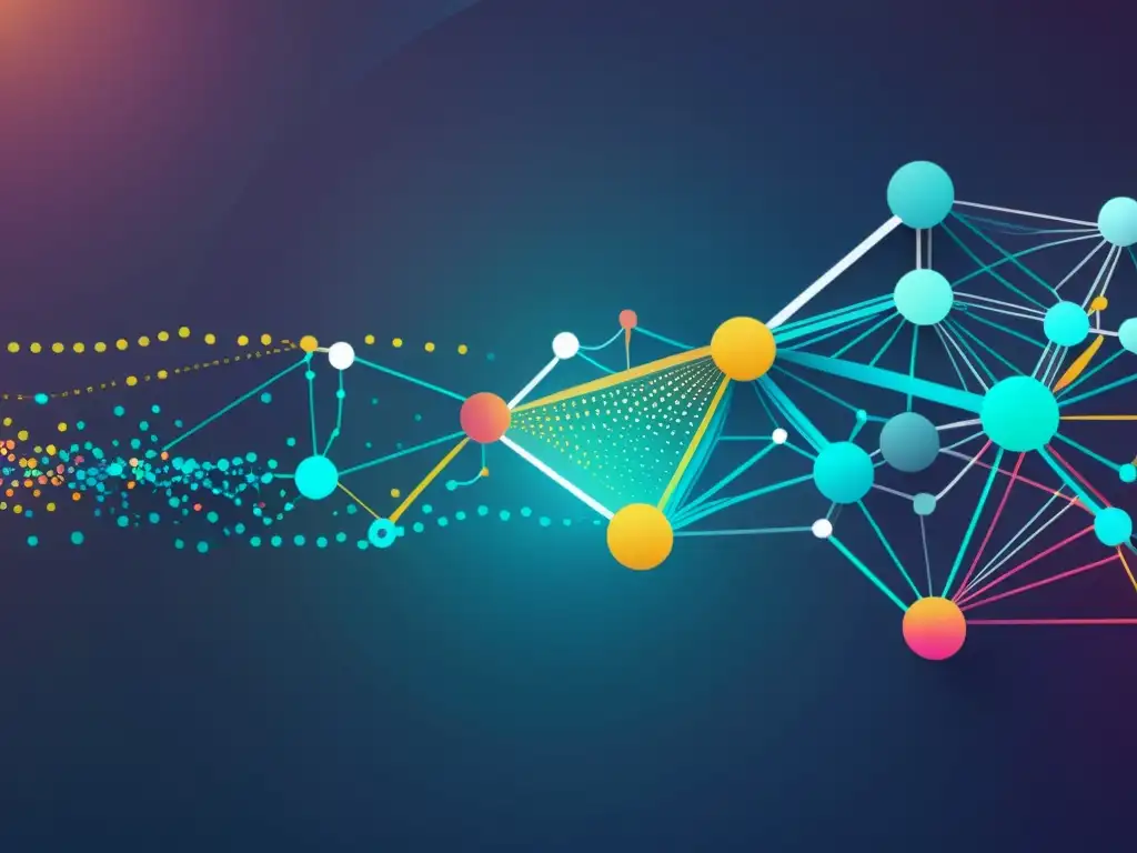 Un sistema de inteligencia artificial futurista procesando datos de lenguaje natural con visualizaciones coloridas