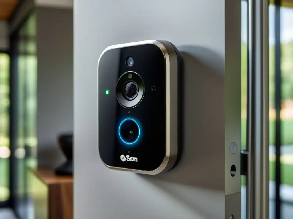 Un sistema de seguridad para casas inteligentes IoT con cámaras de alta tecnología, sensores de movimiento y cerraduras inteligentes integradas en un elegante interior contemporáneo, brindando tranquilidad y protección avanzada