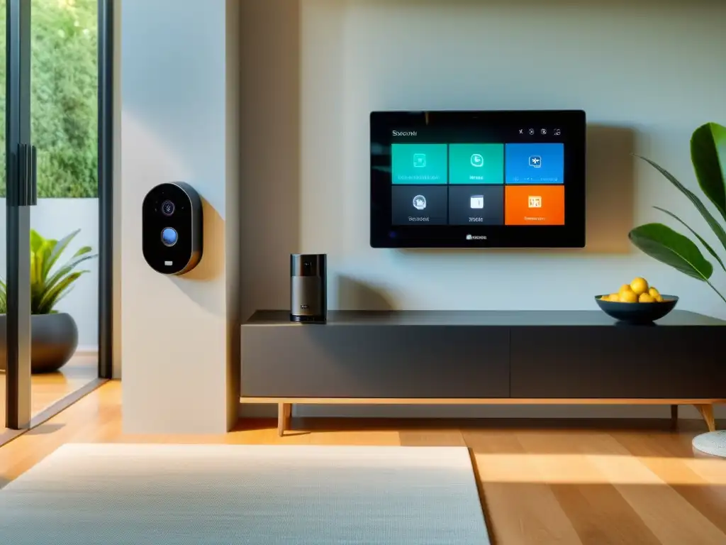 Un sistema de seguridad para casas inteligentes IoT, con sensores de movimiento, cámaras y panel de control digital integrado en un elegante salón contemporáneo