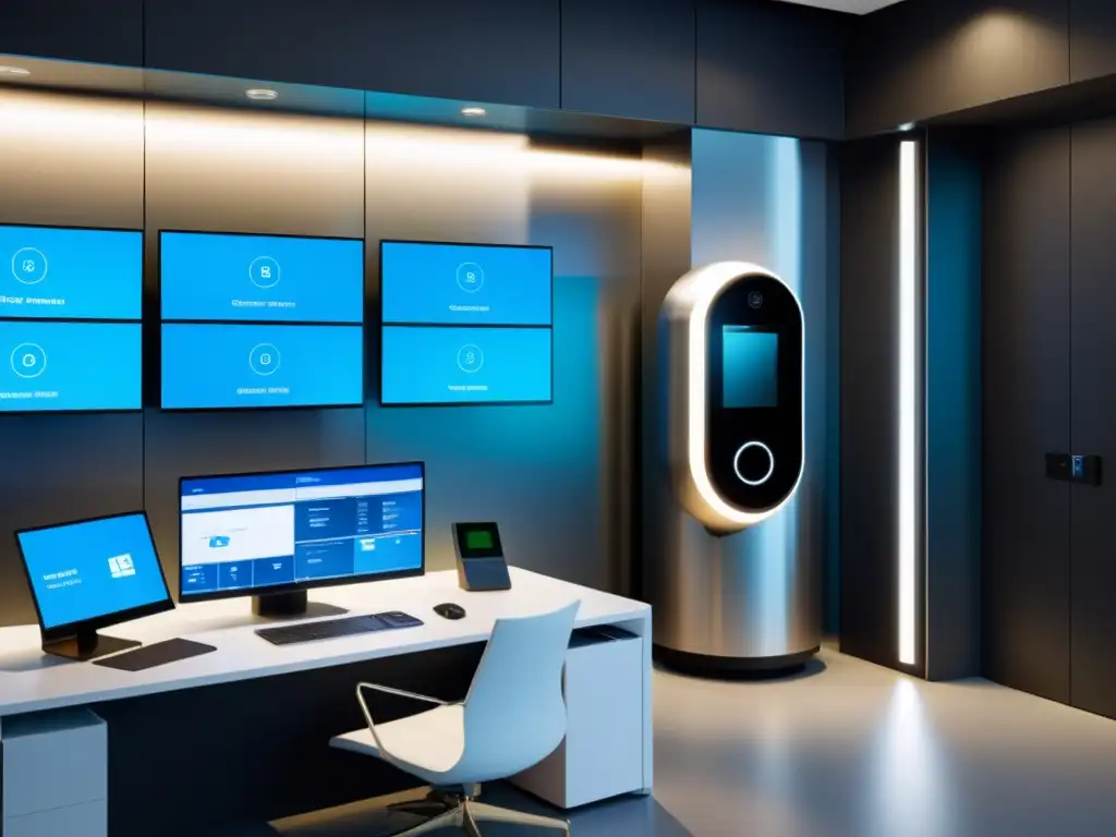 Sistema de seguridad futurista en oficina moderna Un sistema de seguridad futurista con escáneres biométricos avanzados y cámaras de vigilancia integradas en una oficina moderna