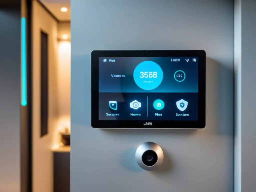 Un sistema de seguridad para hogar futurista y elegante, integrado con dispositivos IoT, resaltando los riesgos de seguridad en IoT