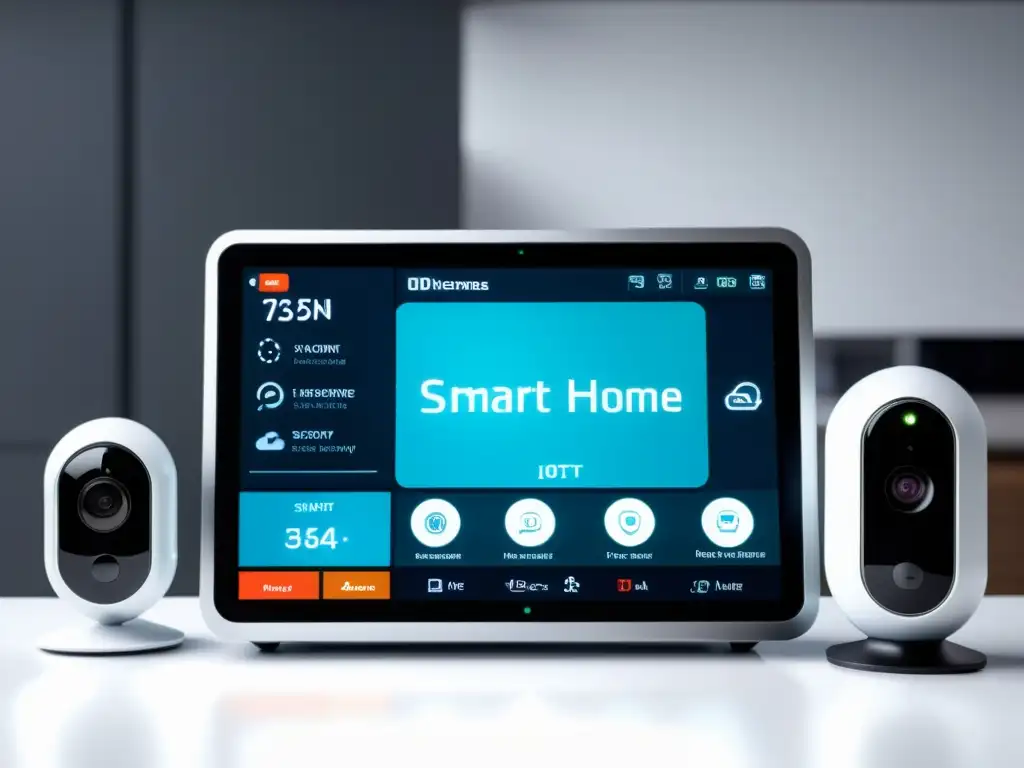 Un sistema de seguridad para hogar inteligente con dispositivos IoT, mostrando monitoreo en tiempo real y alertas de emergencia