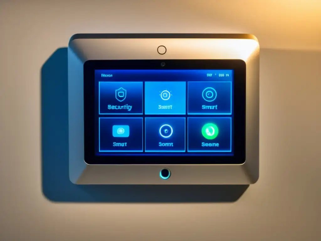 Un sistema de seguridad para el hogar inteligente con dispositivos conectados, iluminación tenue y un panel de control central futurista