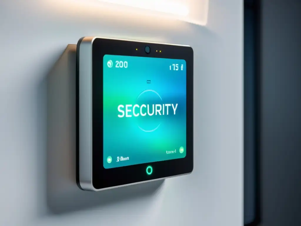 Un sistema de seguridad para el hogar inteligente con panel de control futurista montado en una pared blanca