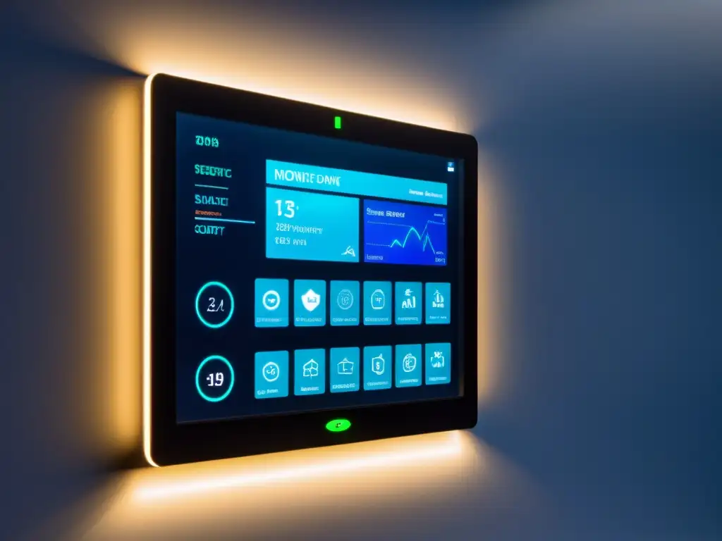 Panel de Control de Seguridad Futurista con Tecnología Biométrica Avanzada Sistema de seguridad moderno con pantalla táctil y autenticación biométrica, mostrando datos y análisis de seguridad